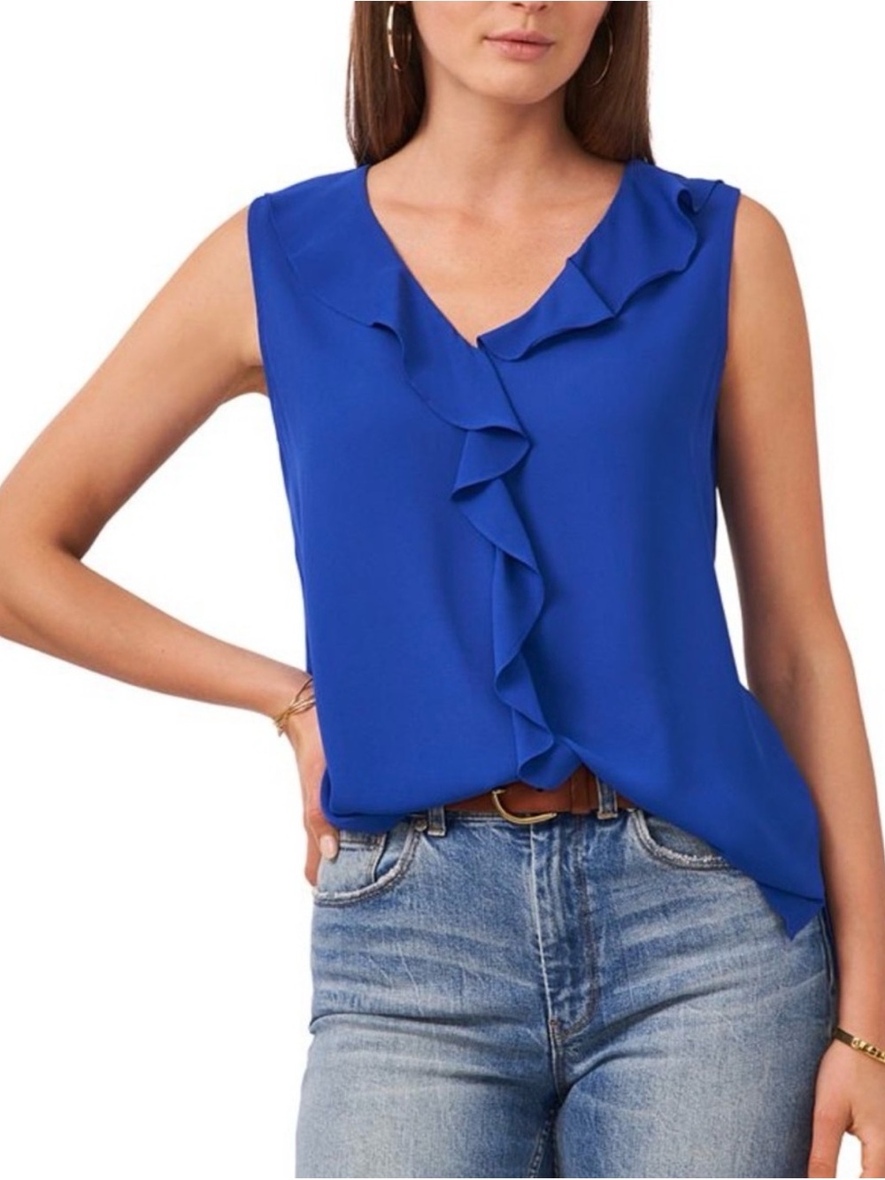 NWT Vince Camuto Royal Blue Sleeveless Ruffled V-Neck Top!